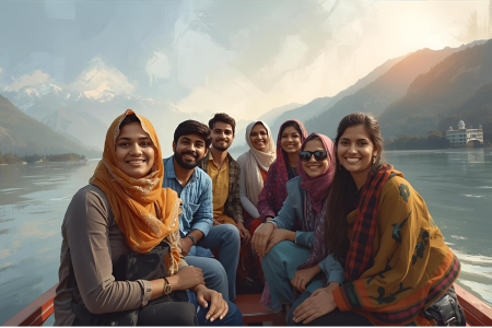 A diverse group of travelers from Mumbai smiling and enjoying a shikara ride on Dal Lake in Kashmir