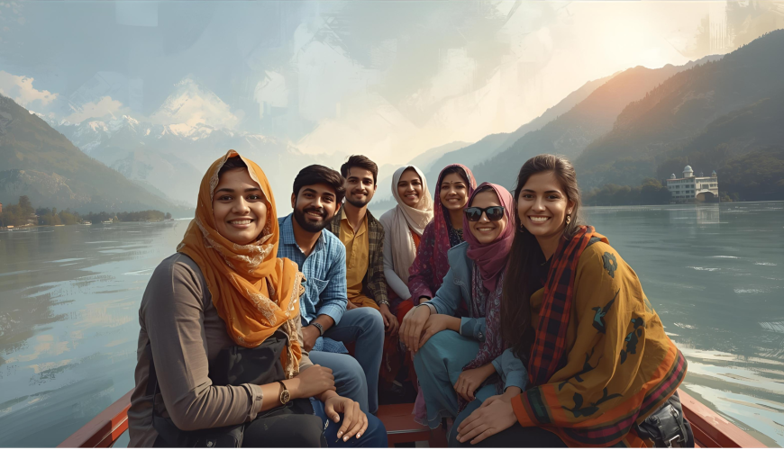 A diverse group of travelers from Mumbai smiling and enjoying a shikara ride on Dal Lake in Kashmir