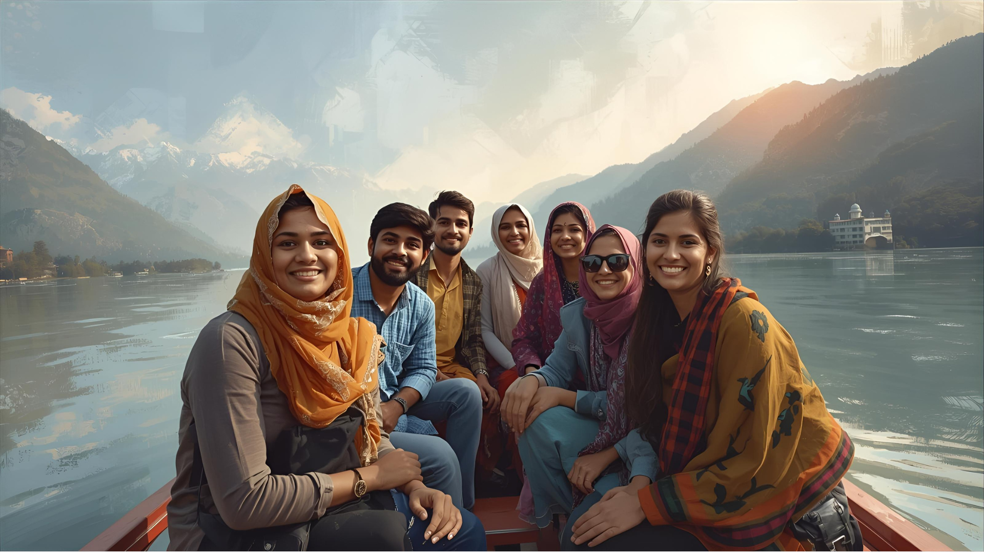 A diverse group of travelers from Mumbai smiling and enjoying a shikara ride on Dal Lake in Kashmir
