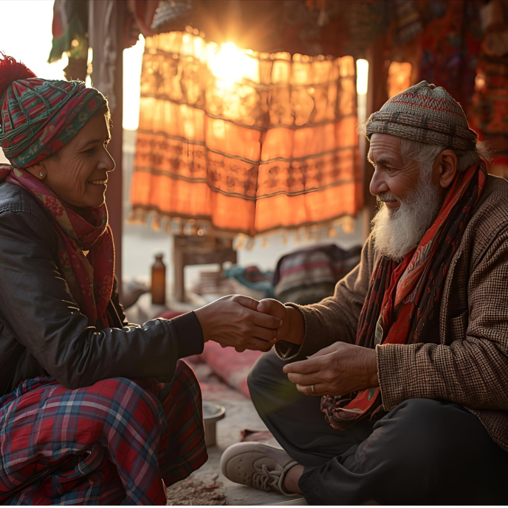 The Transformative Guide to Kashmir Packages from Mumbai: From City Chaos to Himalayan Calm 6 A meaningful cultural exchange between a traveler and a local artisan in Kashmir.