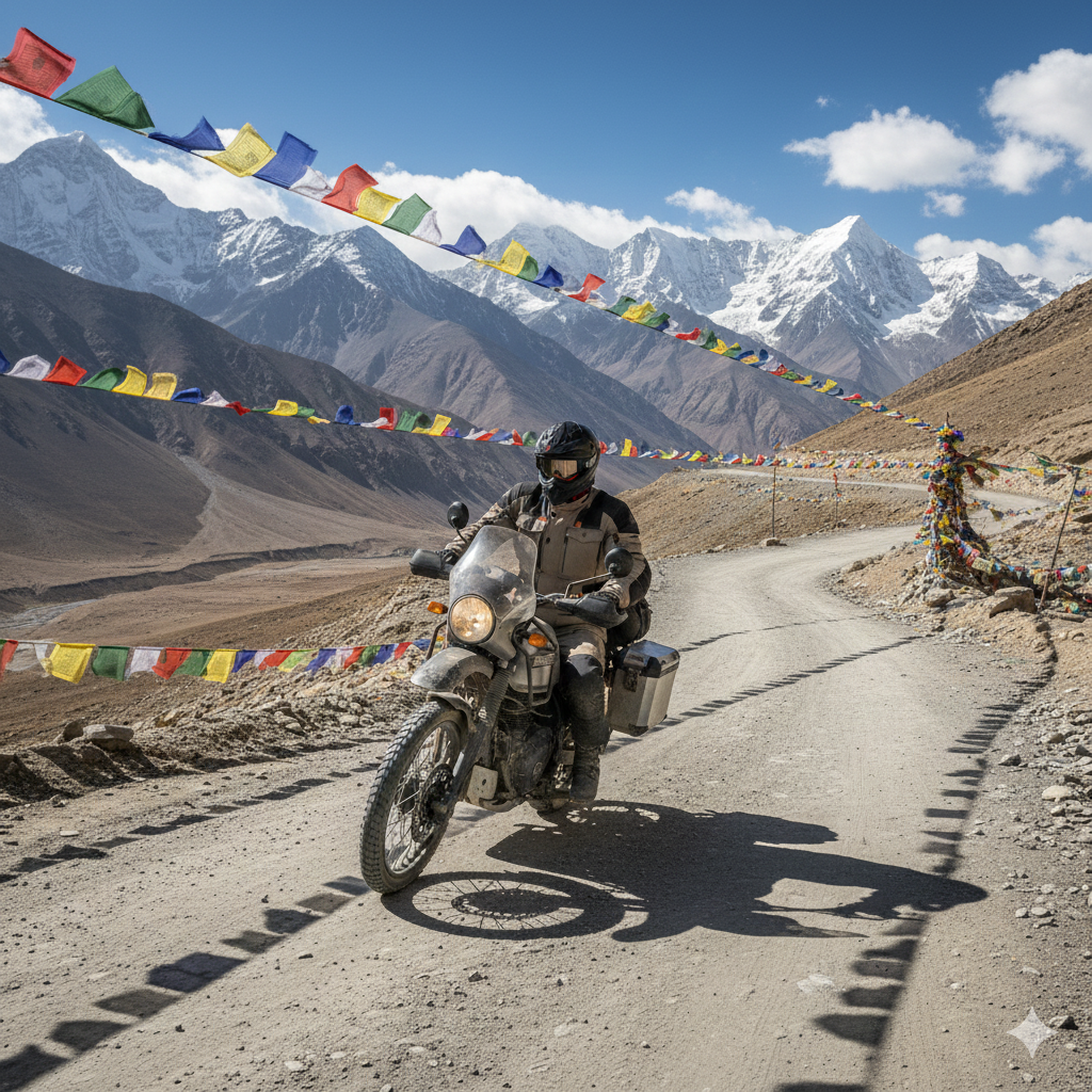 Best Kashmir Ladakh Bike Trip Packages 2026 | Adventure of Lifetime 7 Adventure rider conquering Khardung La pass on Royal Enfield Himalayan during Kashmir Ladakh bike trip package expedition