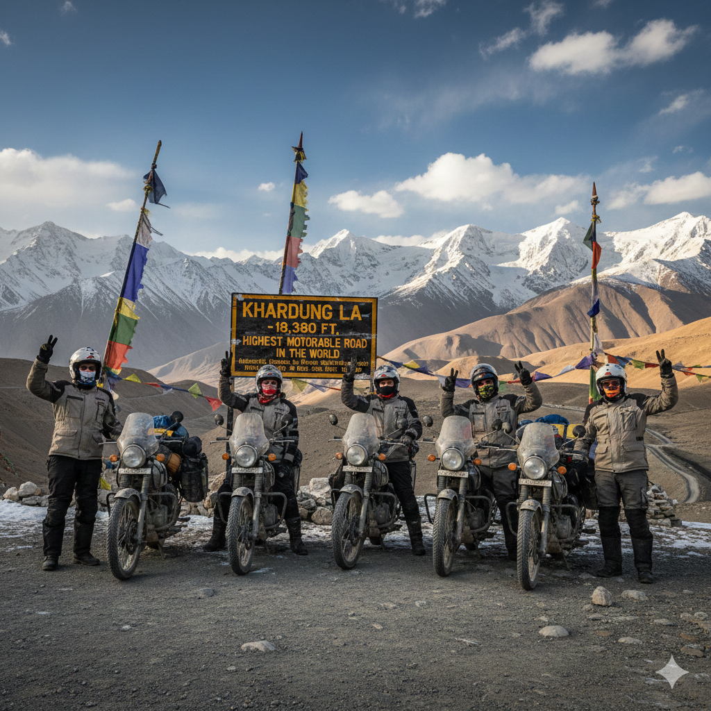 Best Kashmir Ladakh Bike Trip Packages 2026 | Adventure of Lifetime 8 Adventure riders celebrating conquest of Khardung La pass during Kashmir Ladakh bike trip package expedition