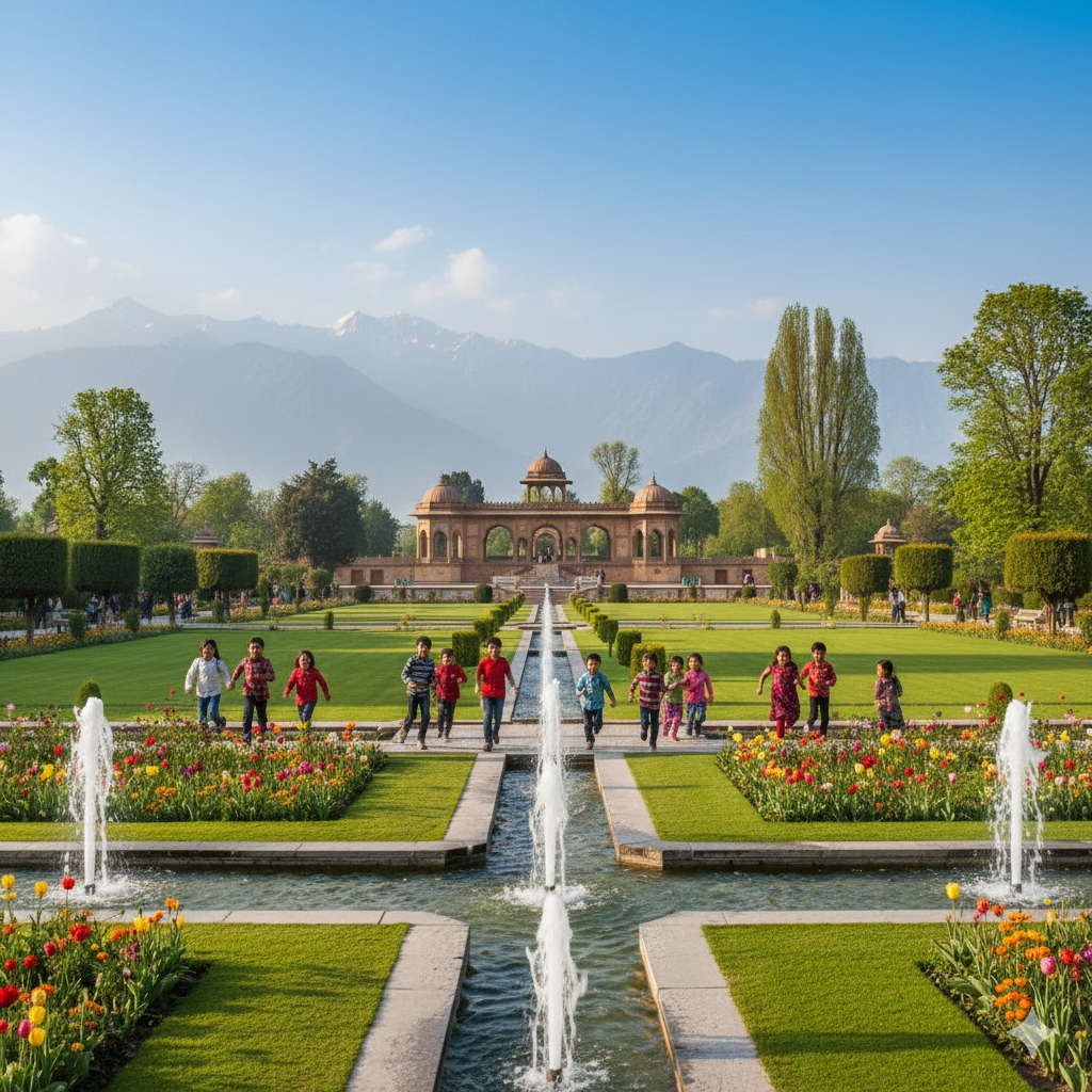 Children playing in Mughal Gardens Srinagar - ideal family activity in Kashmir tour packages