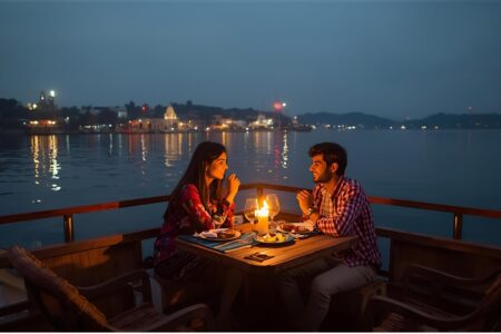 Couple having private candlelit dinner on houseboat deck with Dal Lake in background