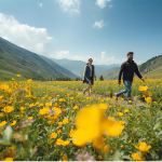 Couple trekking through a vibrant field of wildflowers in Gulmarg during summer