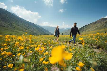 Couple trekking through a vibrant field of wildflowers in Gulmarg during summer