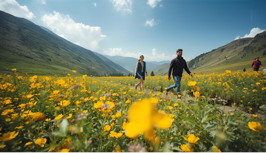 Couple trekking through a vibrant field of wildflowers in Gulmarg during summer