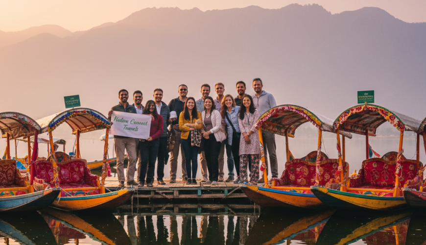 Diverse travel group enjoying their Kashmir group tour package from Delhi with Nature Connect Travels, overlooking Dal Lake and mountains