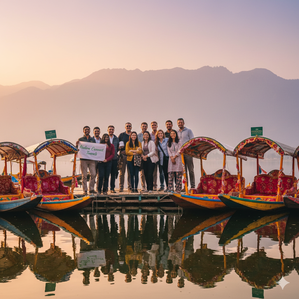Diverse travel group enjoying their Kashmir group tour package from Delhi with Nature Connect Travels, overlooking Dal Lake and mountains