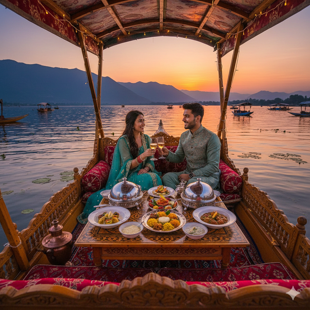 Exclusive Luxury Kashmir Tour Packages 2025 | Premium Experiences 6 Exclusive luxury Kashmir tour package experience - private shikara dining on Dal Lake