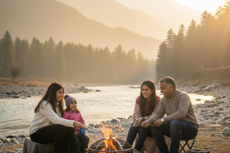 Family campfire by Lidder River Pahalgam - memorable experience in Kashmir family tour