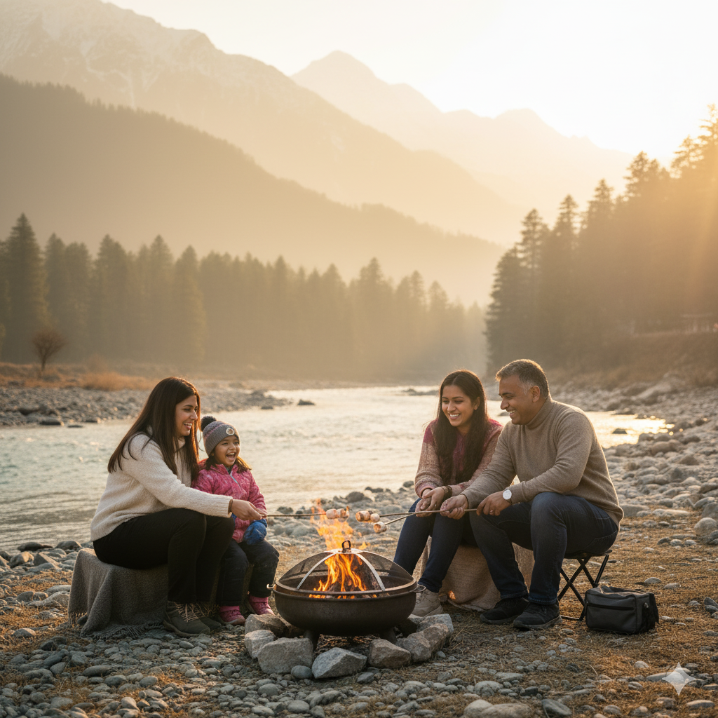 Family campfire by Lidder River Pahalgam - memorable experience in Kashmir family tour