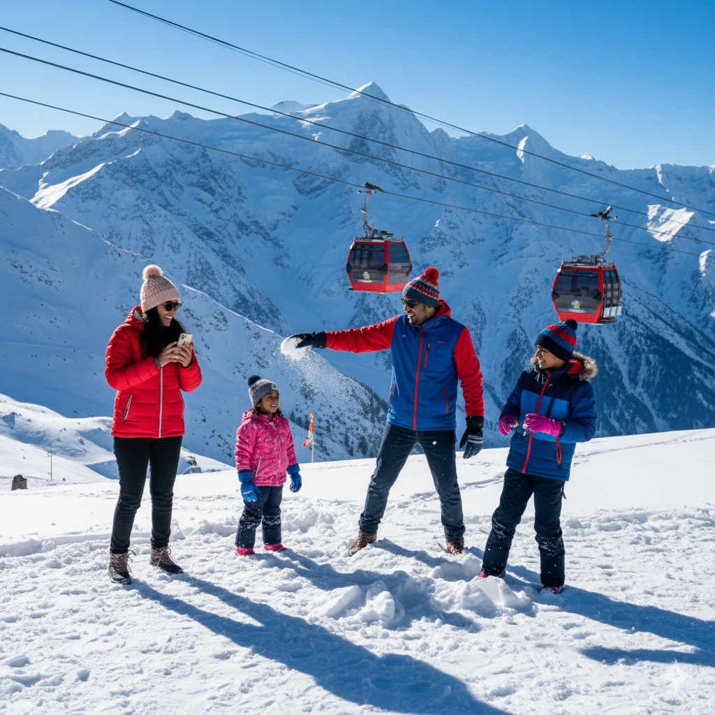 Family enjoying gondola ride in Gulmarg - included in best kashmir tour packages for family