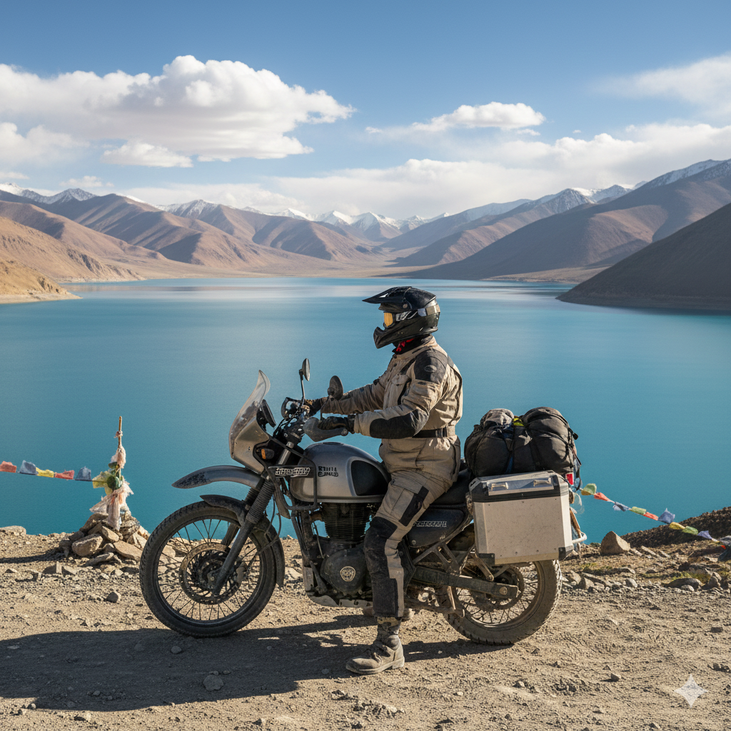 Best Kashmir Ladakh Bike Trip Packages 2026 | Adventure of Lifetime 9 Fully equipped adventure rider demonstrating premium gear on Kashmir Ladakh bike trip package at Pangong Tso Lake