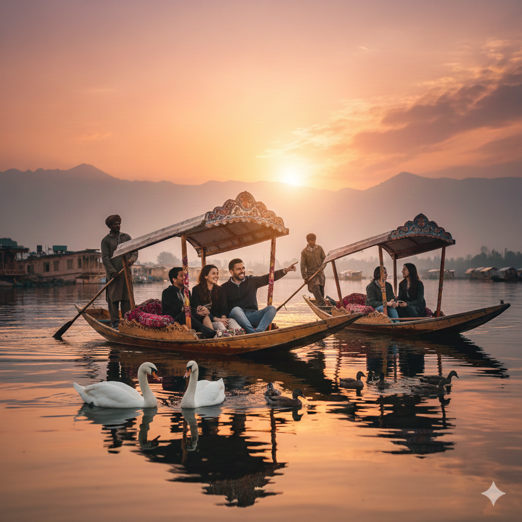 Group experience on Kashmir group tour packages from Delhi - shikara ride on Dal Lake]