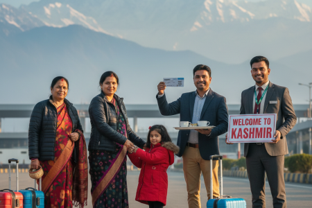 Happy Mumbai family arriving in Srinagar with their Nature Connect Travels guide, celebrating the start of their Kashmir package from Mumbai with airfare