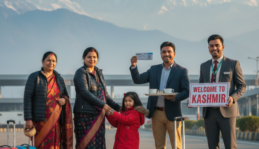 Happy Mumbai family arriving in Srinagar with their Nature Connect Travels guide, celebrating the start of their Kashmir package from Mumbai with airfare