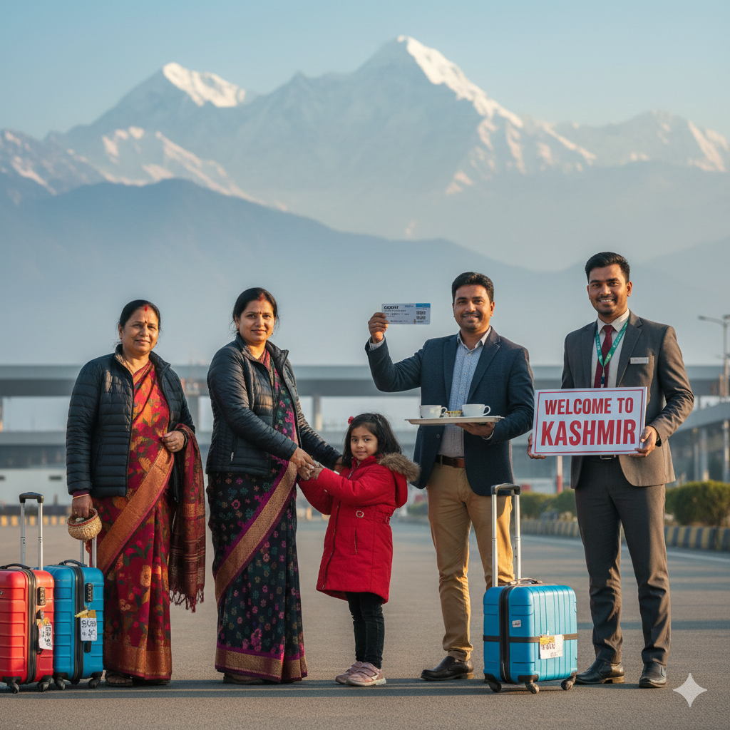 Happy Mumbai family arriving in Srinagar with their Nature Connect Travels guide, celebrating the start of their Kashmir package from Mumbai with airfare