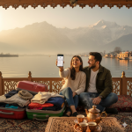 Happy couple celebrating last minute booking confirmation for Kashmir package while enjoying beautiful Dal Lake sunset view from traditional houseboat