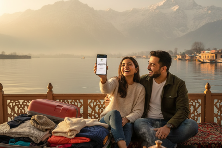 Happy couple celebrating last minute booking confirmation for Kashmir package while enjoying beautiful Dal Lake sunset view from traditional houseboat