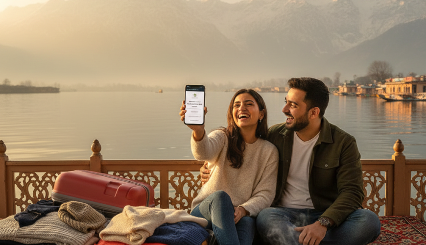 Happy couple celebrating last minute booking confirmation for Kashmir package while enjoying beautiful Dal Lake sunset view from traditional houseboat