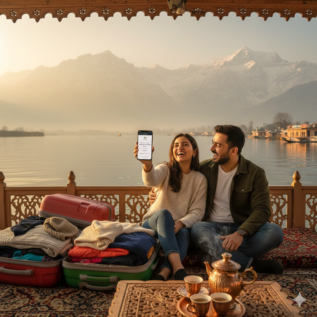 Happy couple celebrating last minute booking confirmation for Kashmir package while enjoying beautiful Dal Lake sunset view from traditional houseboat