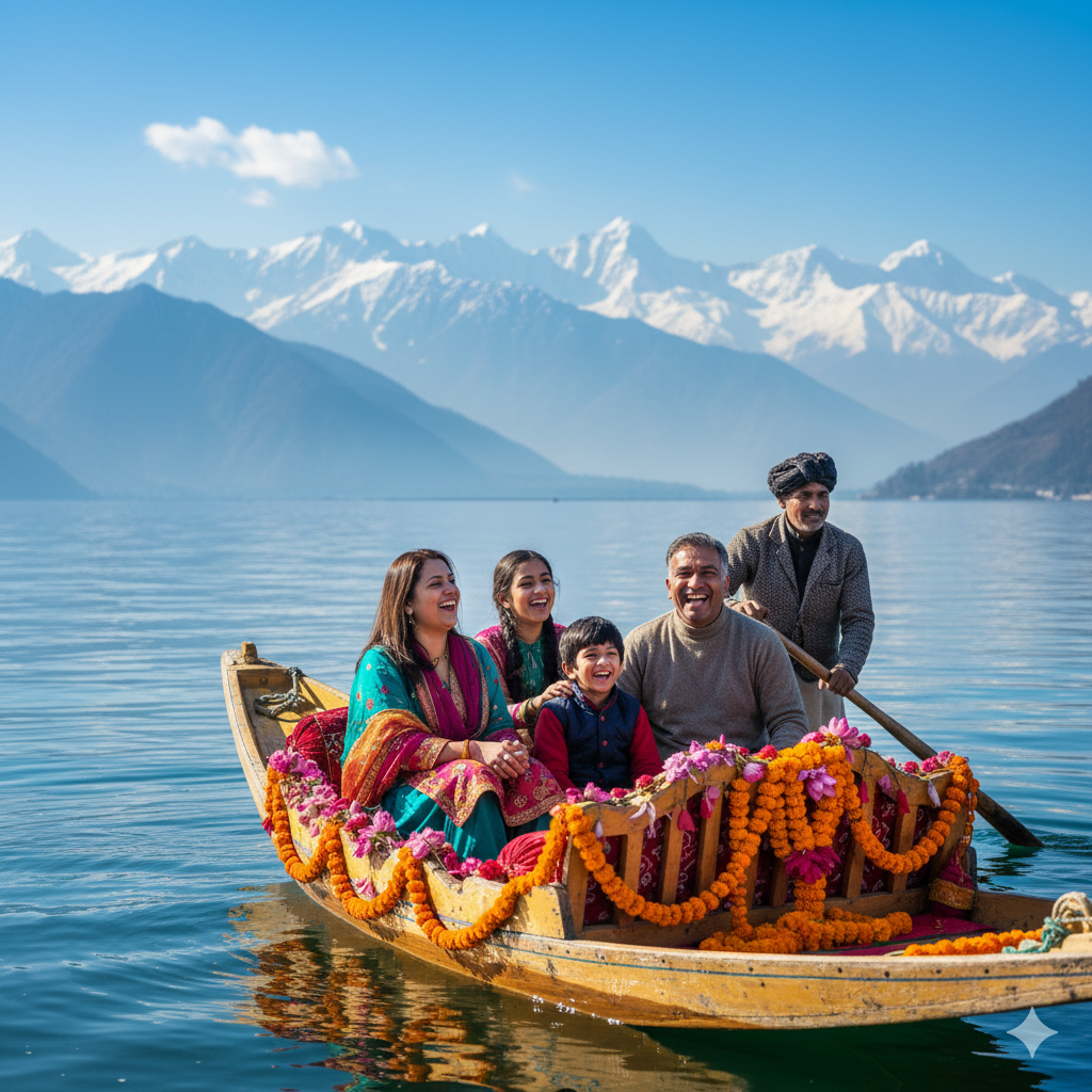 Happy family on shikara ride in Dal Lake - best kashmir tour packages for family