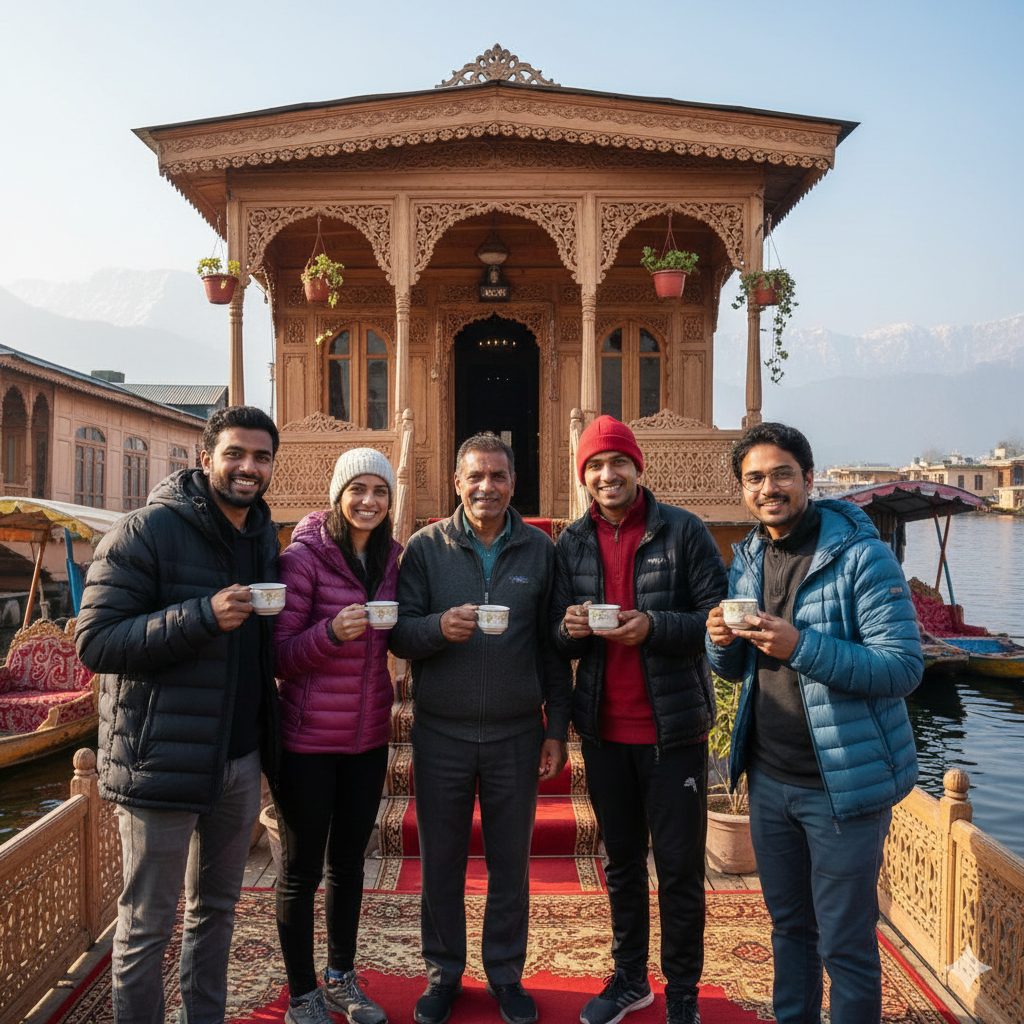 Happy group enjoying their Kashmir group tour package from Delhi with houseboat stay on Dal Lake