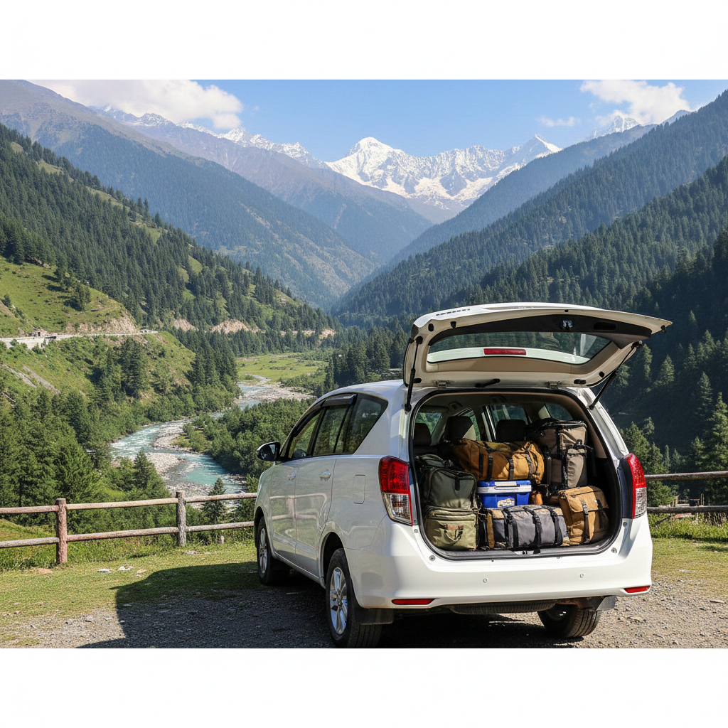 Ideal Kashmir taxi service SUV for families, an Innova Crysta, parked at Betaab Valley in Pahalgam