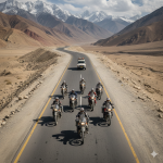 Professional group riding formation on Manali-Leh highway during organized Kashmir Ladakh bike trip package
