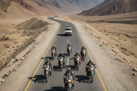Professional group riding formation on Manali-Leh highway during organized Kashmir Ladakh bike trip package
