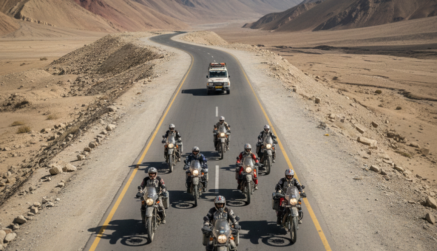 Professional group riding formation on Manali-Leh highway during organized Kashmir Ladakh bike trip package