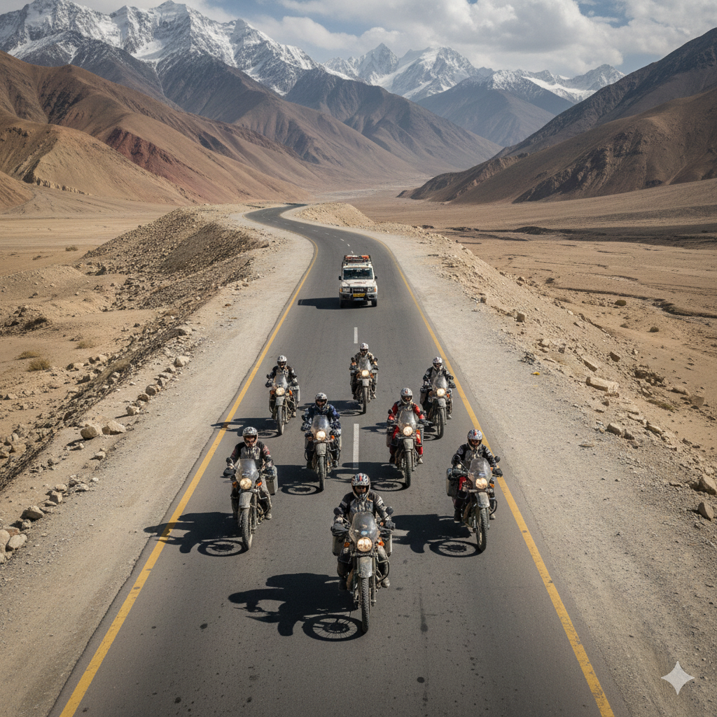 Professional group riding formation on Manali-Leh highway during organized Kashmir Ladakh bike trip package