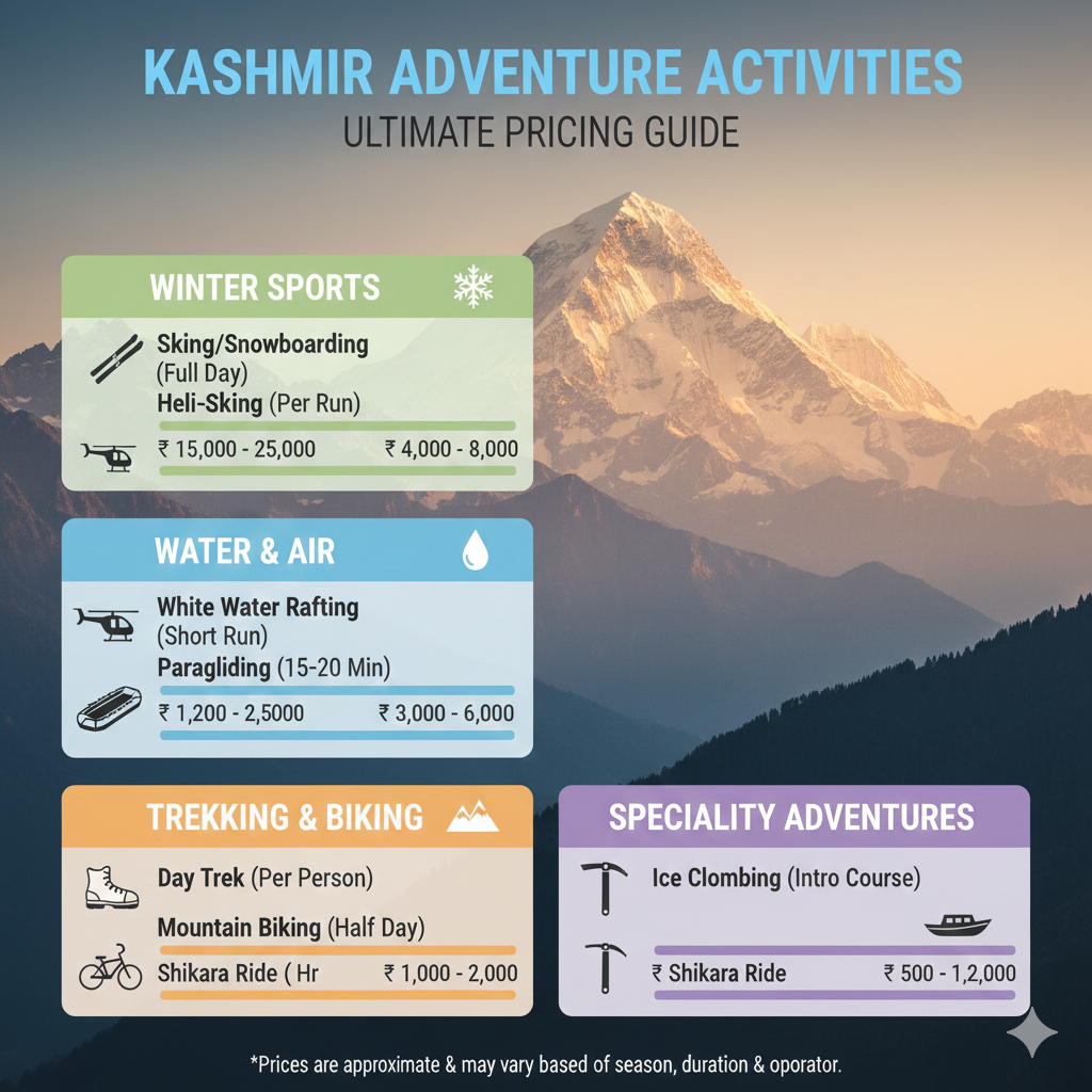 Kashmir adventure activities pricing guide 2025-2026 - comprehensive cost comparison infographic