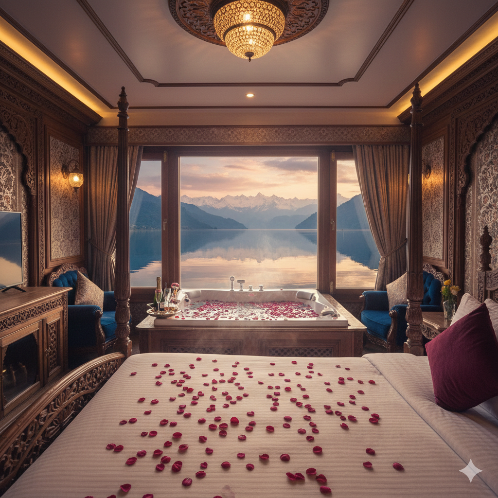 Ultimate Kashmir Honeymoon Package All Inclusive 2025-2026 | Luxury Experience 9 Luxury houseboat accommodation - Kashmir honeymoon package all inclusive premium suite