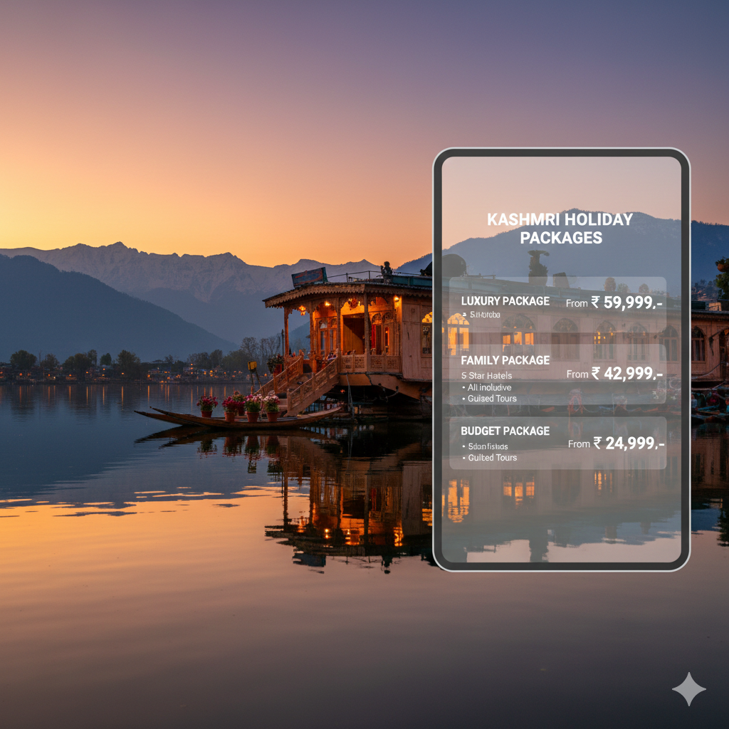 Luxury houseboat on Dal Lake with transparent pricing table overlay - finding the best kashmir holiday packages with price made easy.