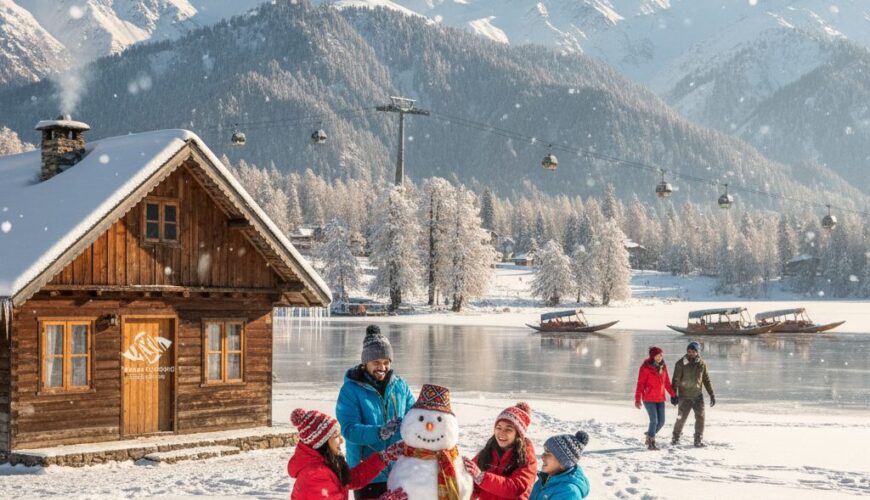 Magical kashmir winter packages experience - family enjoying snow activities in beautiful Gulmarg landscape with frozen Dal Lake and snowy Himalayan peaks