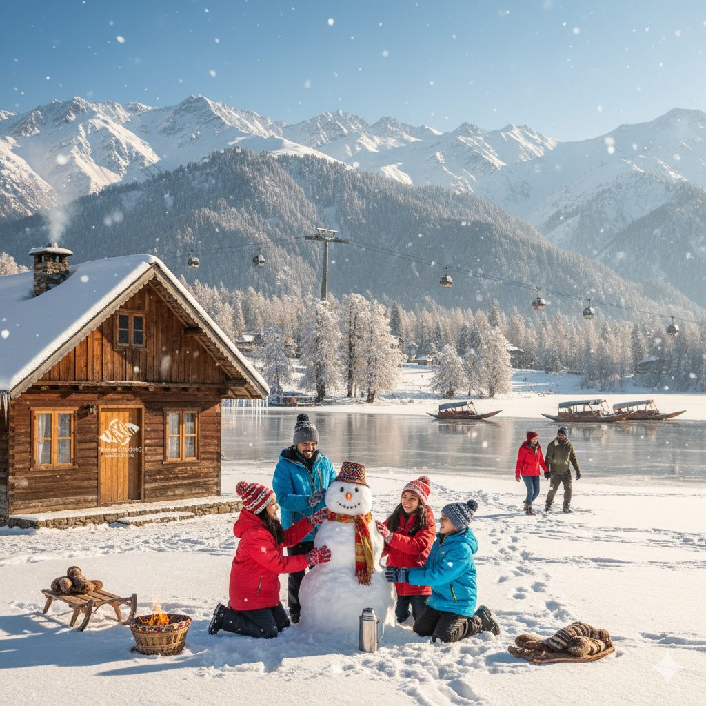 Magical kashmir winter packages experience - family enjoying snow activities in beautiful Gulmarg landscape with frozen Dal Lake and snowy Himalayan peaks