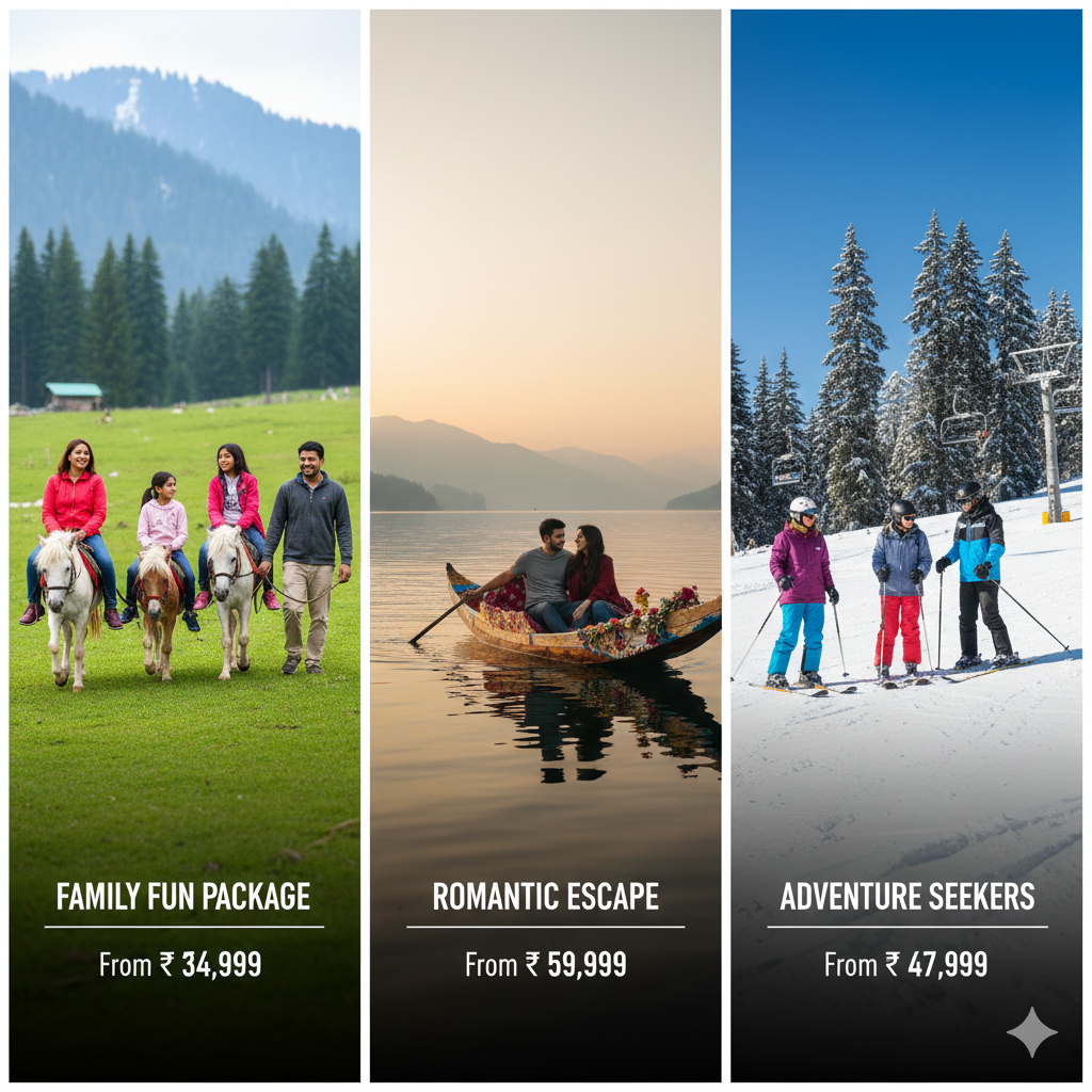 Montage of Kashmir holiday experiences - family, couple, and adventure packages with starting prices for 2025-2026