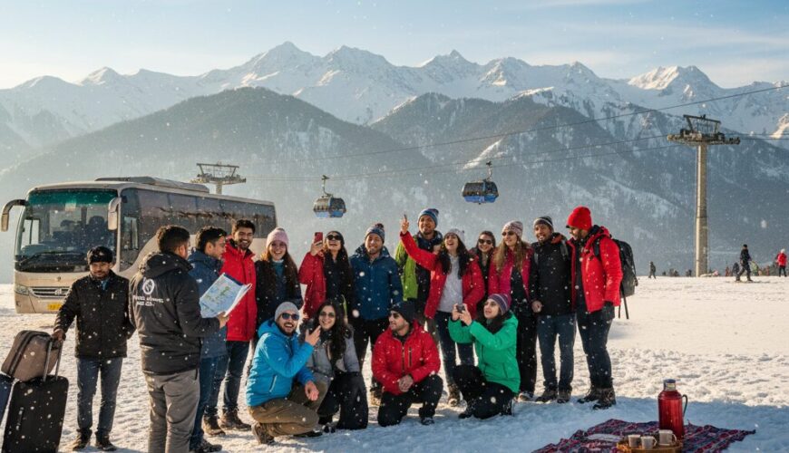 Perfect kashmir group tour packages experience - diverse travel group celebrating together in beautiful Gulmarg winter landscape with professional tour coordination