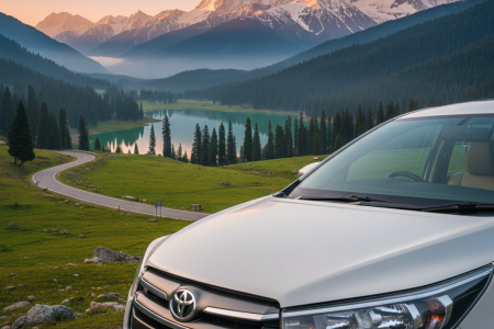 Premium Kashmir taxi service SUV, a white Toyota Innova, parked at a stunning mountain viewpoint during golden hour in Gulmarg.