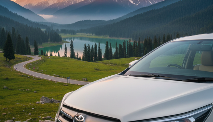 Premium Kashmir taxi service SUV, a white Toyota Innova, parked at a stunning mountain viewpoint during golden hour in Gulmarg.