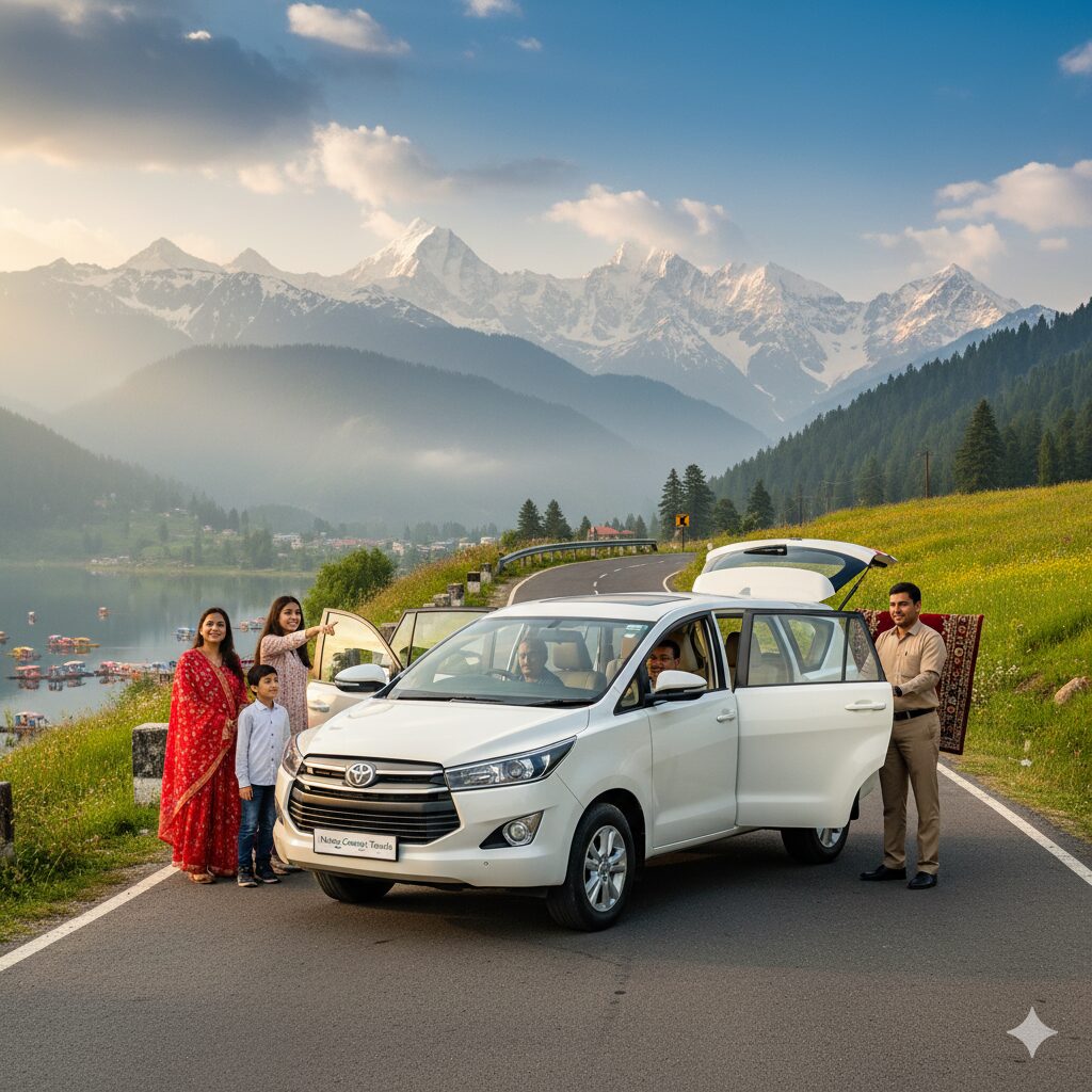 Premium innova car rental in kashmir service - perfect white toyota innova crysta for family travel through beautiful kashmir landscapes with professional driver