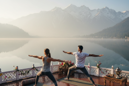 Private couple yoga session on houseboat - wellness feature in all-inclusive Kashmir honeymoon