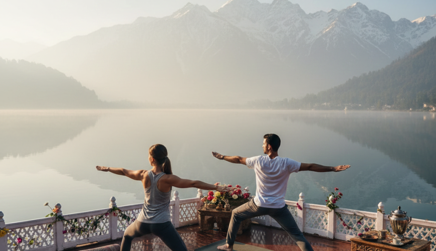 Private couple yoga session on houseboat - wellness feature in all-inclusive Kashmir honeymoon