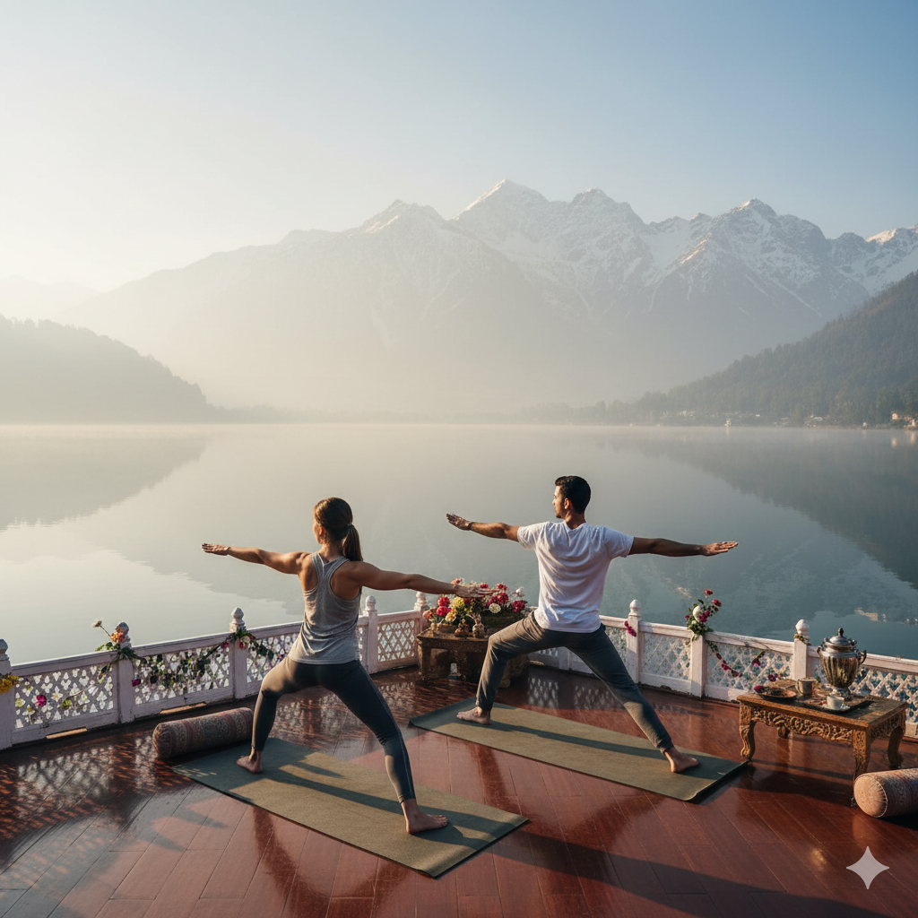 Private couple yoga session on houseboat - wellness feature in all-inclusive Kashmir honeymoon