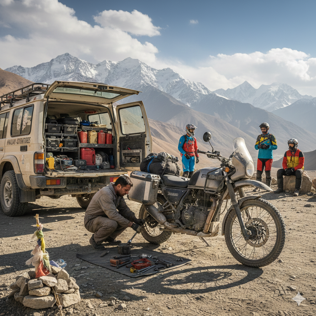 Best Kashmir Ladakh Bike Trip Packages 2026 | Adventure of Lifetime 10 Professional mechanical support during Kashmir Ladakh bike trip package demonstrating comprehensive expedition backup
