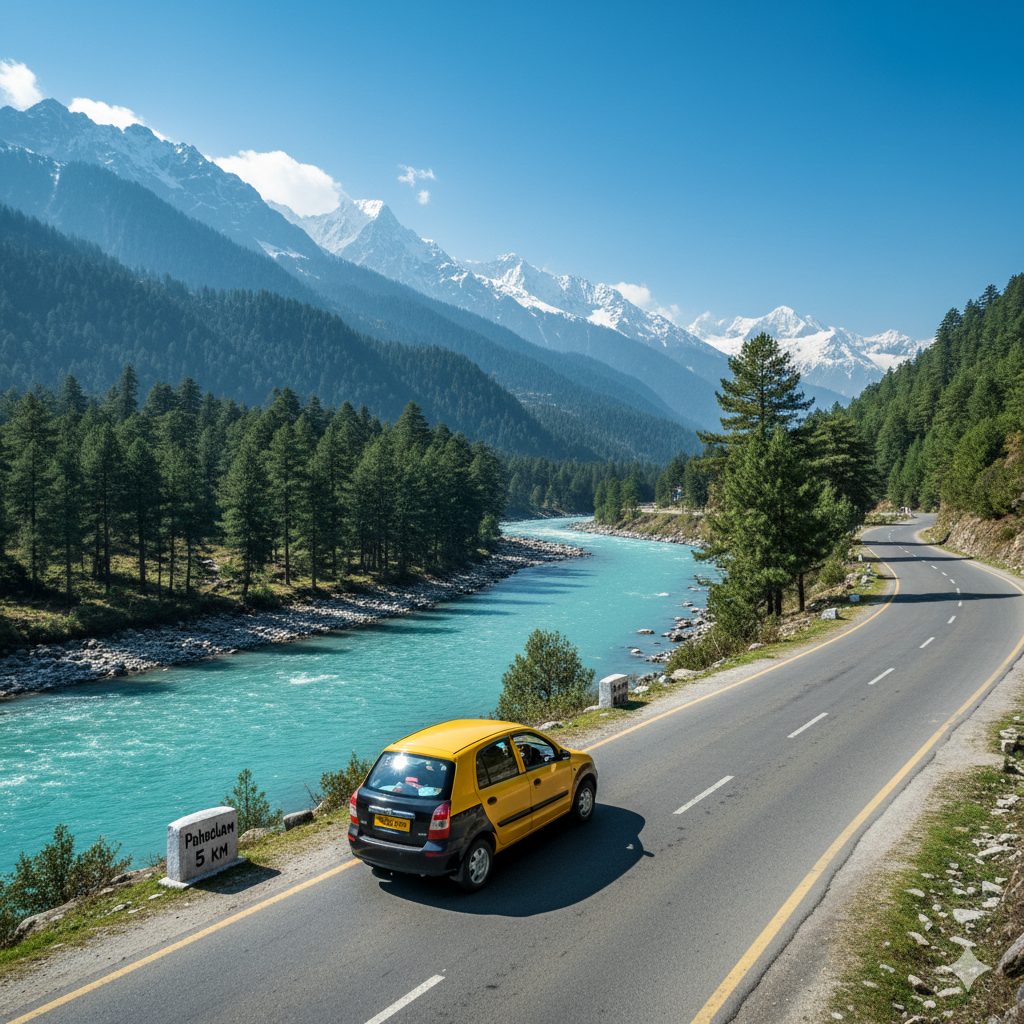 Reliable Kashmir taxi service car on the scenic Srinagar to Pahalgam highway along the Lidder River