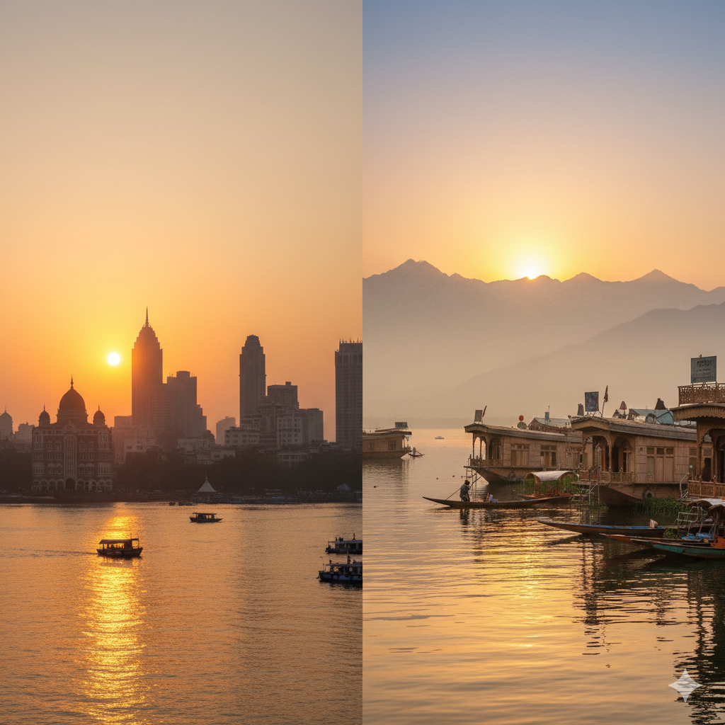 Transition from Mumbai to Kashmir - comparing city skyline with Himalayan paradise in Kashmir package from Mumbai