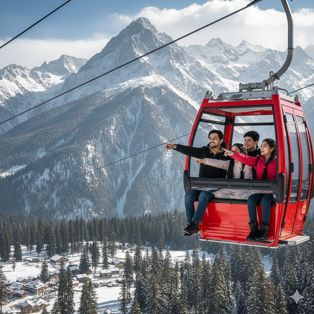 Travelers from Mumbai enjoying Gondola ride in Gulmarg with mountain backdrop